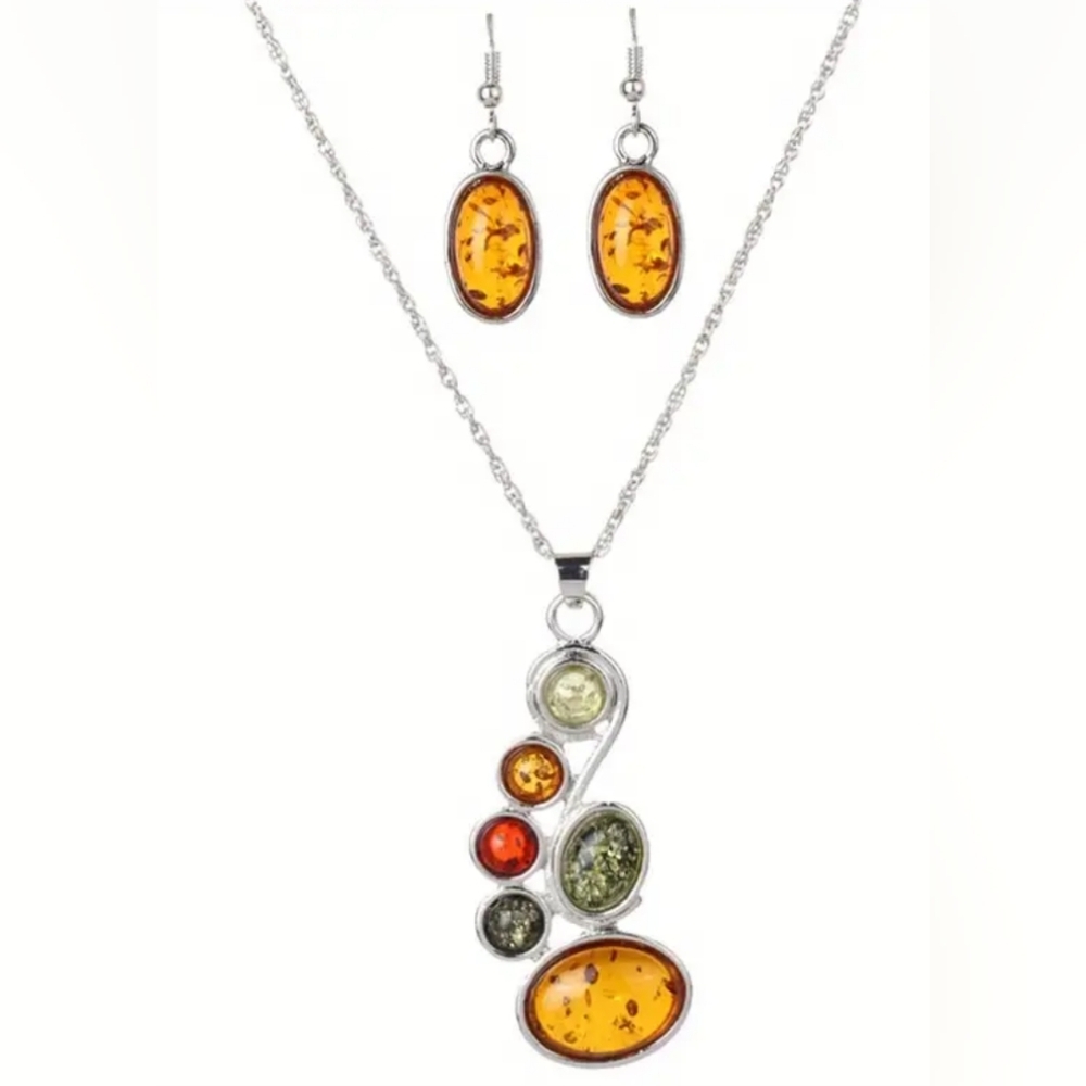 NEW Western Boho Elegant Amber and‎ Silver Necklace Gift Earring Set (#0173)